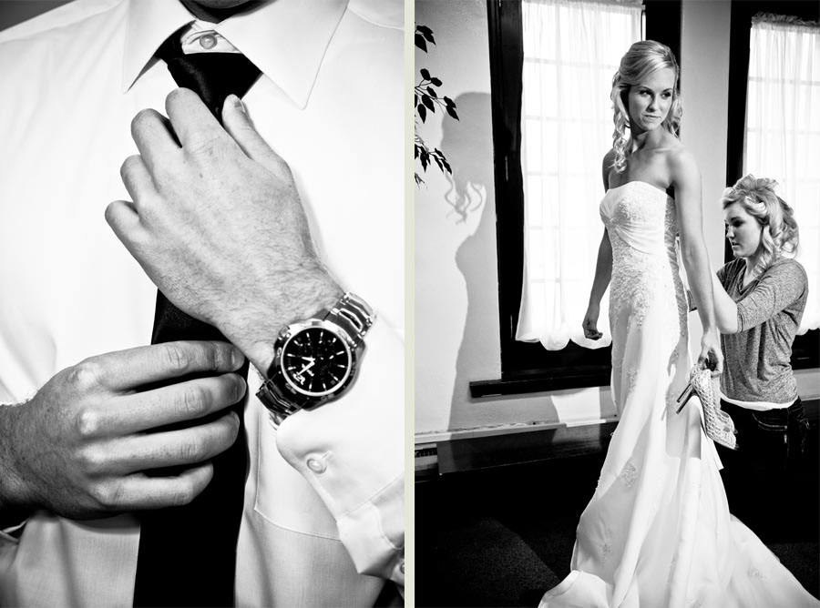 MN Winter Wedding Photography Black and white photograph of bride and groom getting ready for wedding day