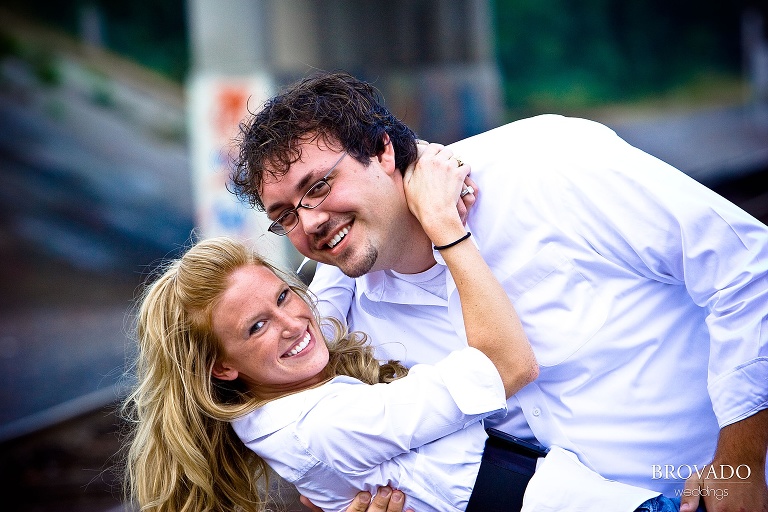 Couple dipping in engagement photo