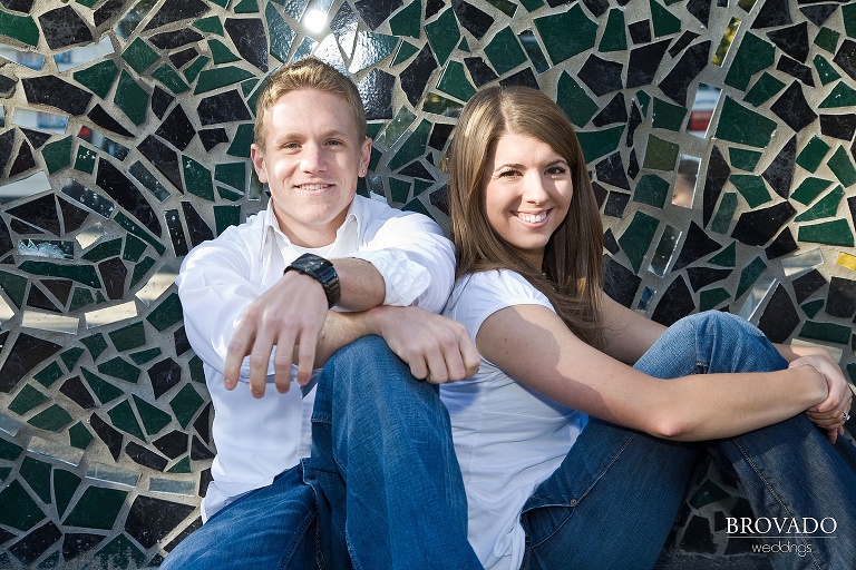 Engagement photo against mosaic 