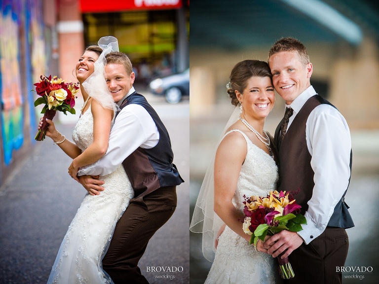 bride and groom smiling and embracing