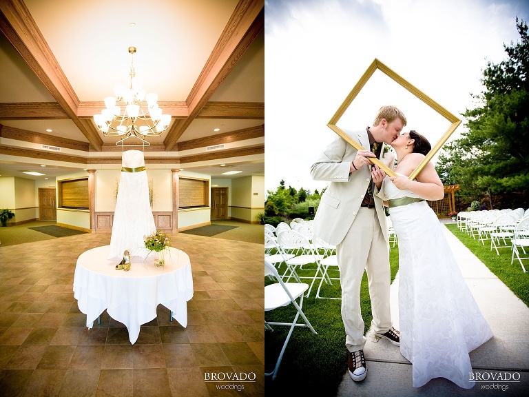 a diptych of a dress detail and a kissing bride and groom through a picture frame