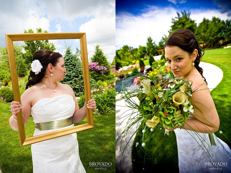 bride poses with a picture frame and her bouquet