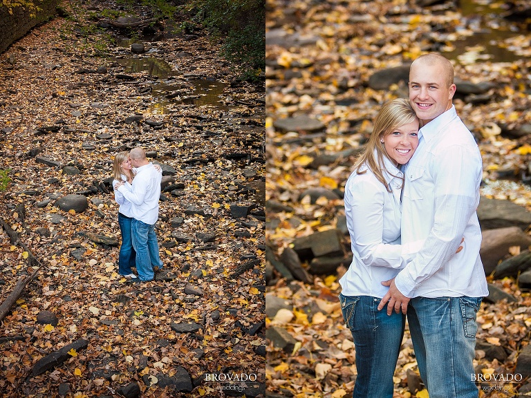 couples poses for fall engagement