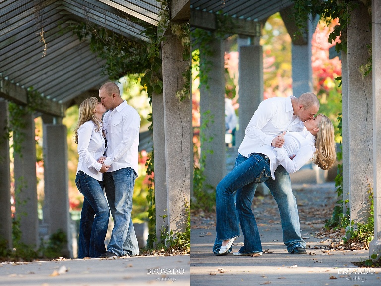 couple dip under arch at minnehaha falls park