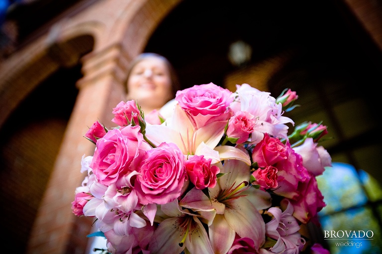 detail of pink wedding bouquet