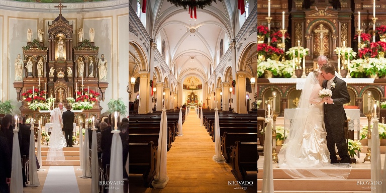 christmas themed church interior during wedding ceremony
