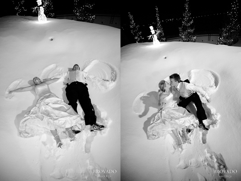 bride and groom making show angels in tuxedo and strapless wedding dress