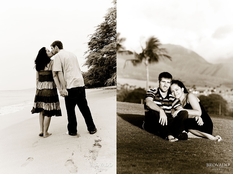 engaged couple cuddling on hill in front of palm tree
