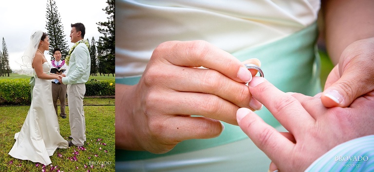 detail of bride putting wedding ring on groom's finger