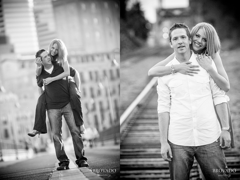 black and white photographs of a man giving his fiance a piggyback ride