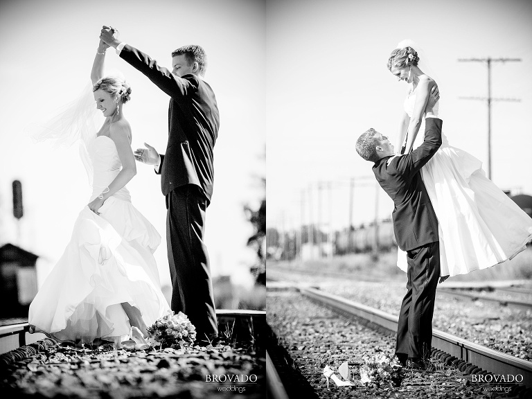 black and white photographs of bride and groom dancing on train tracks