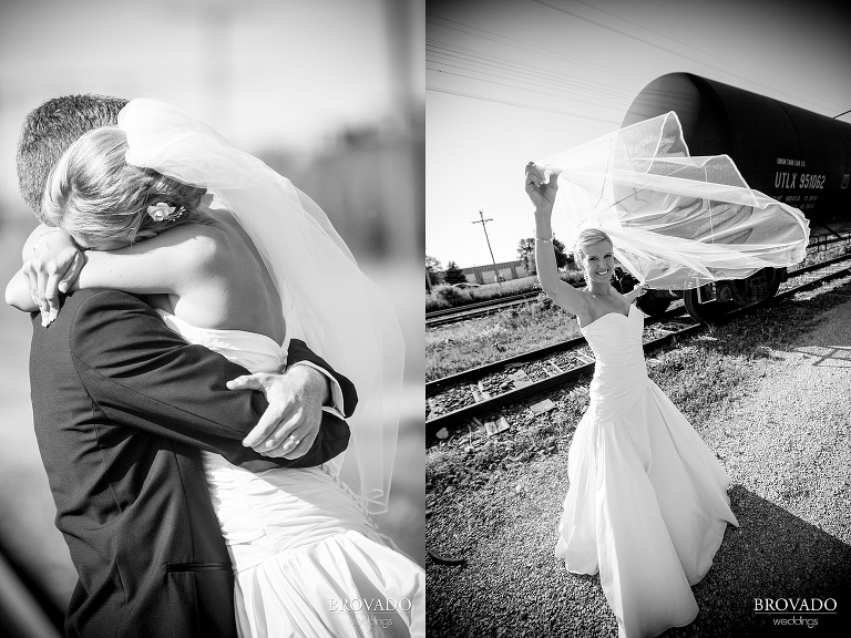 romantic black and white wedding photographs by train tracks