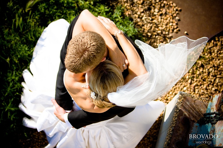 aerial photograph of bride and groom