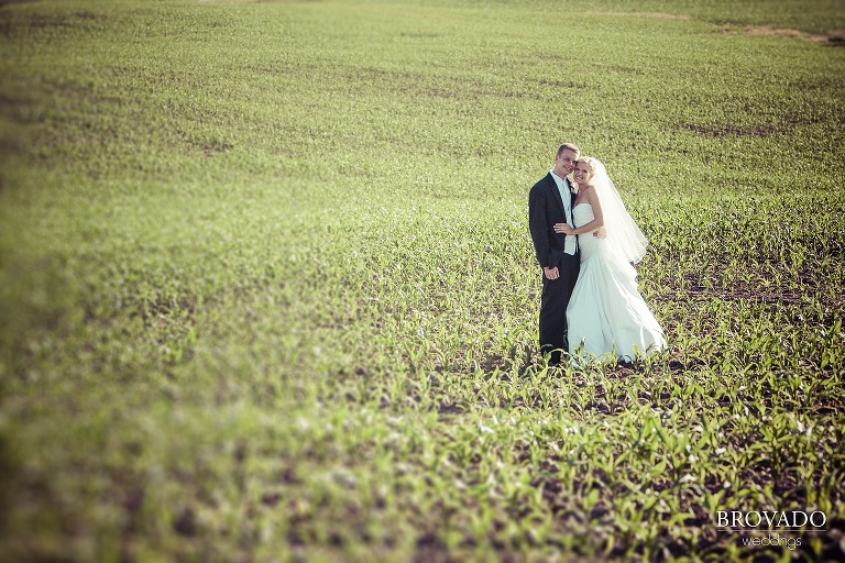 wide angle photograph of bride and groom standing in a field