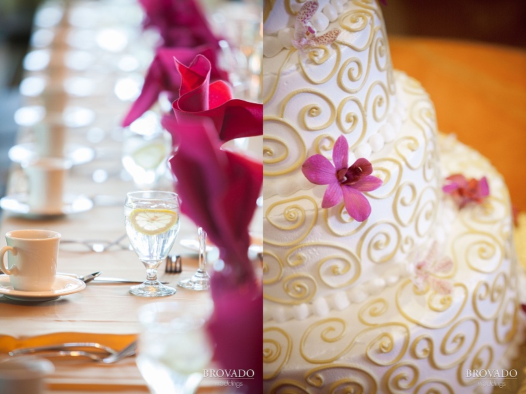 close up photographs of place settings and wedding cake with purple accents