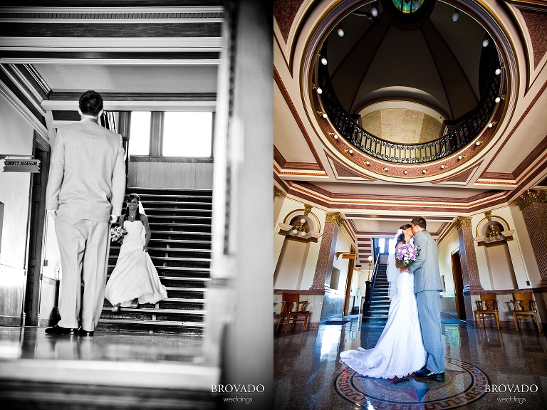 bride and groom embrace after first look