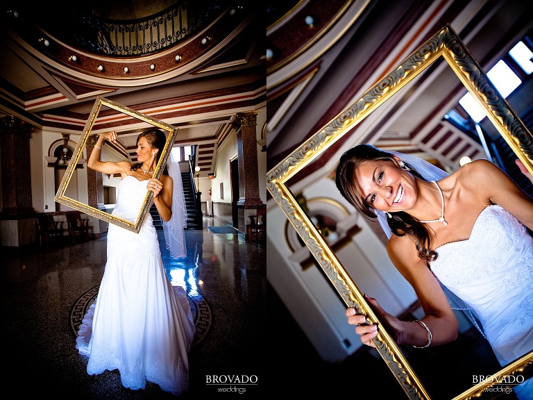 fun bridal portraits using a picture frame as a prop