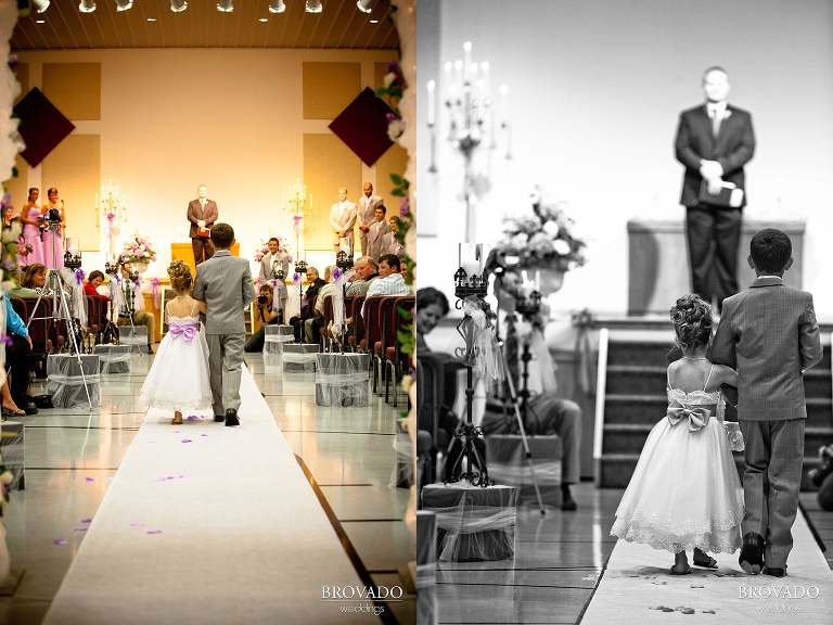 flower girl and ring bearer walking down the aisle