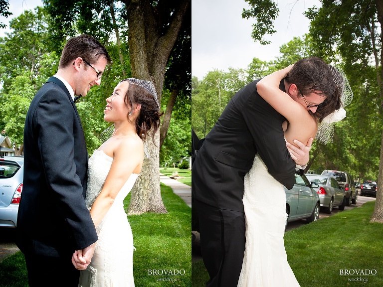 bride and groom hugging after first loon