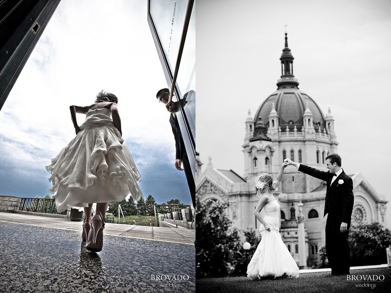 bride and groom dancing in front of minnesota historical society