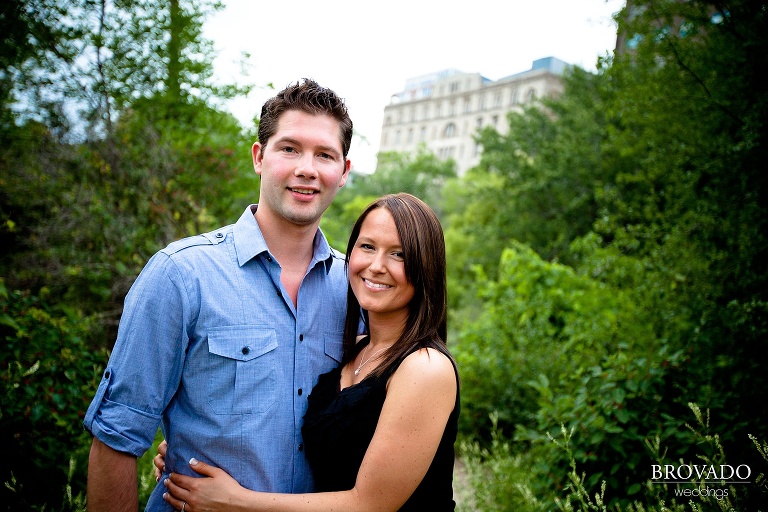 fiances smiling in downtown minneapolis engagement photograph