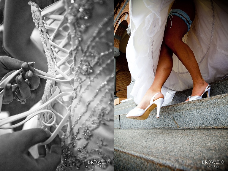details of bride's white dress and shoes