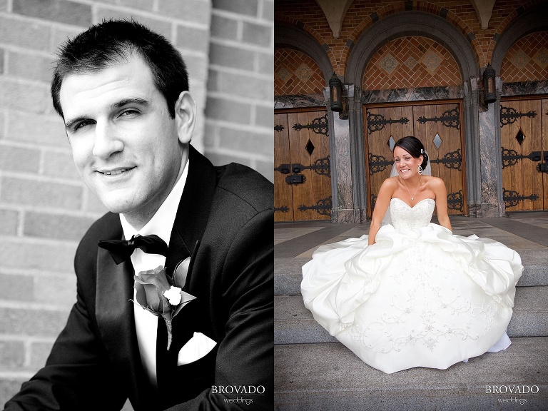 individual photographs of bride and groom in bright sunlight