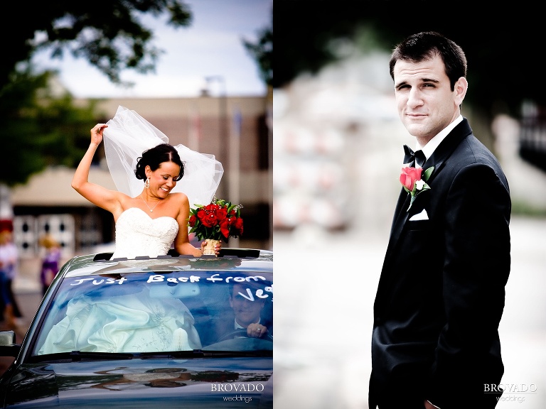 high contrast photograph of bride standing in window of limo