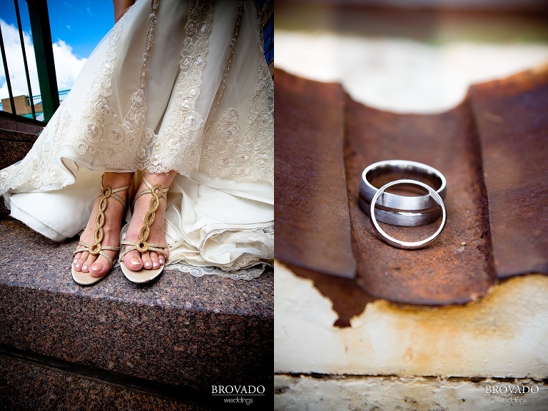 detail of bride's shoes and wedding rings