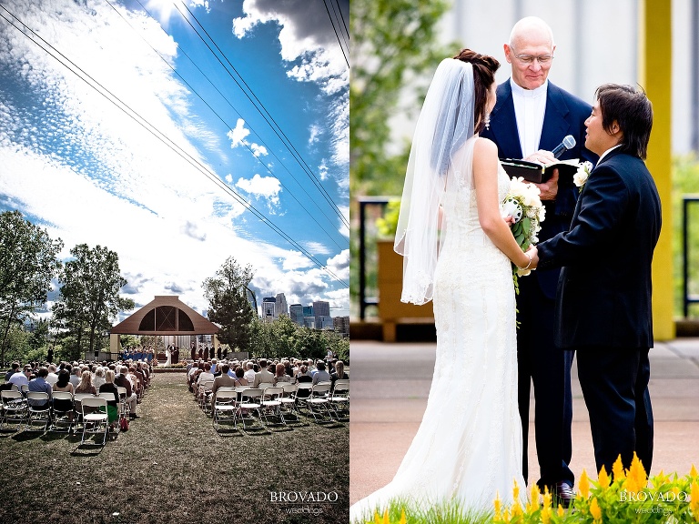 wide and close up photographs of wedding ceremony in front of minneapolis skyline