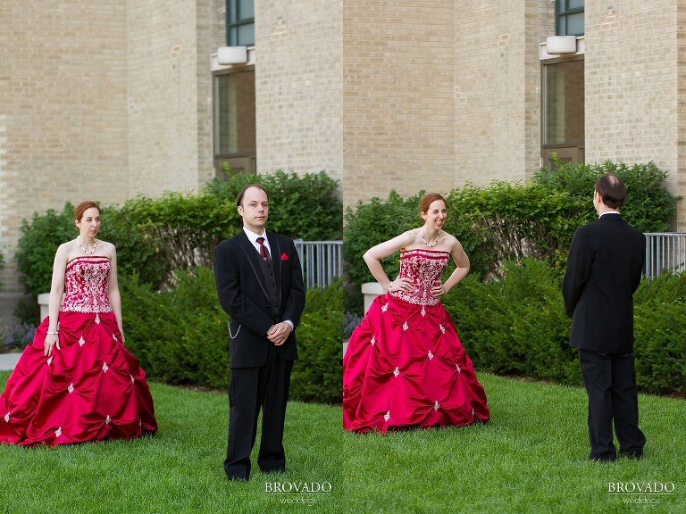 Untraditional aviation wedding with a red dress on a sunny day at the Gale Mansion in Minneapolis Minnesota