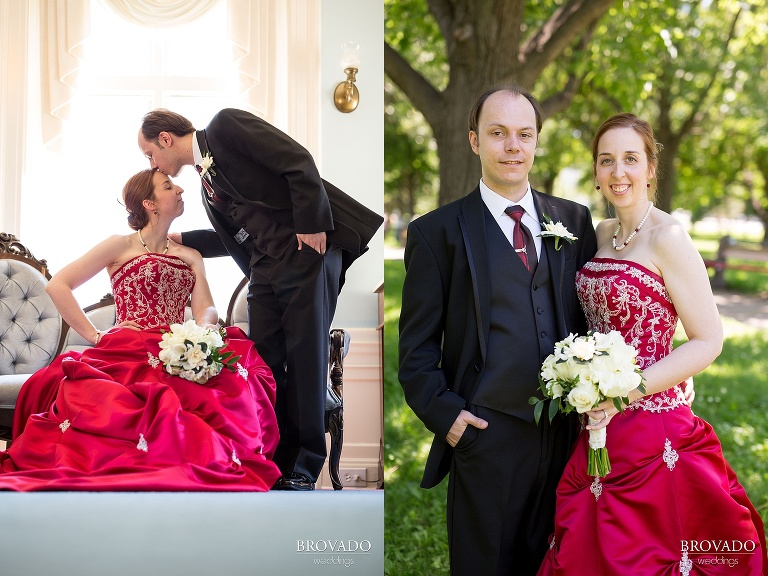Untraditional aviation wedding with a red dress on a sunny day at the Gale Mansion in Minneapolis Minnesota