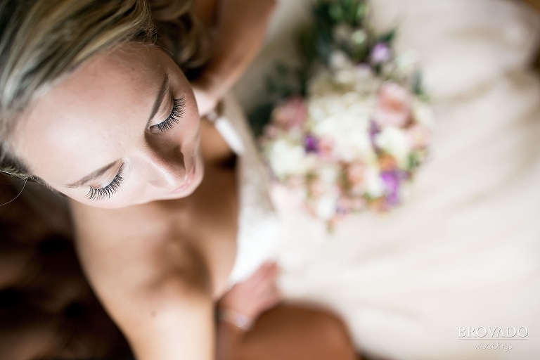 Bridal portrait showing off wedding makeup and eyelashes