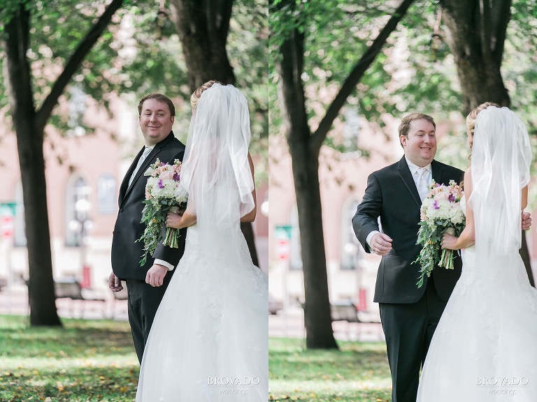 Groom sees the bride for the first time during their first look