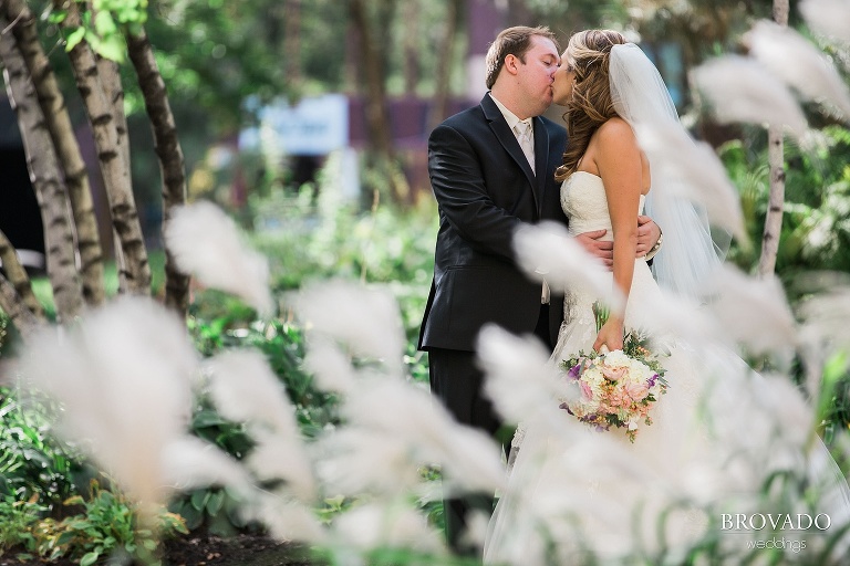 Bride and groom kiss amongst flowers