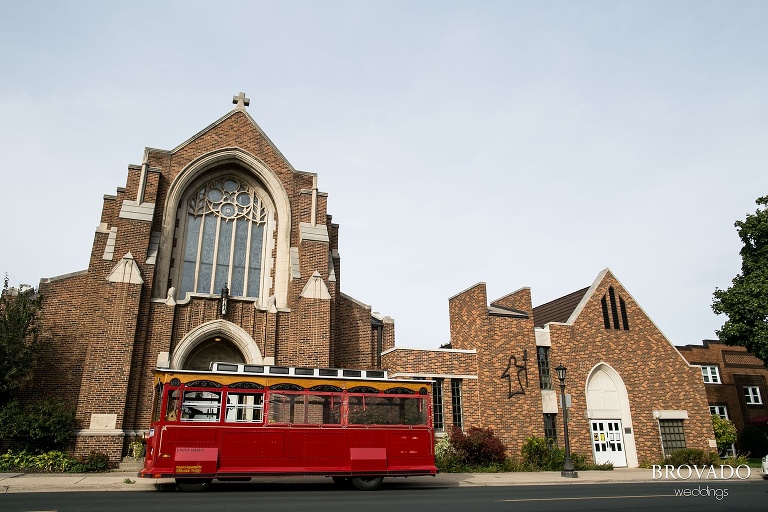 Wedding church with trolley in front