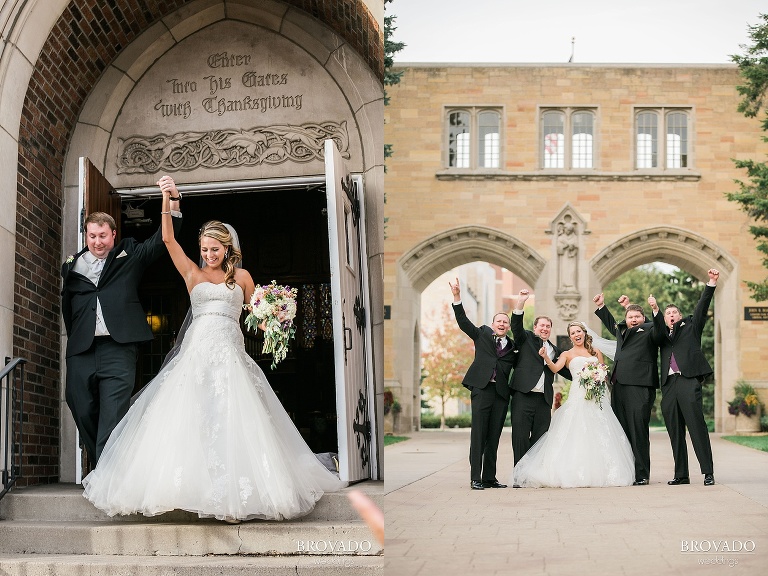 Bride and groom and their wedding party celebrate after their ceremony