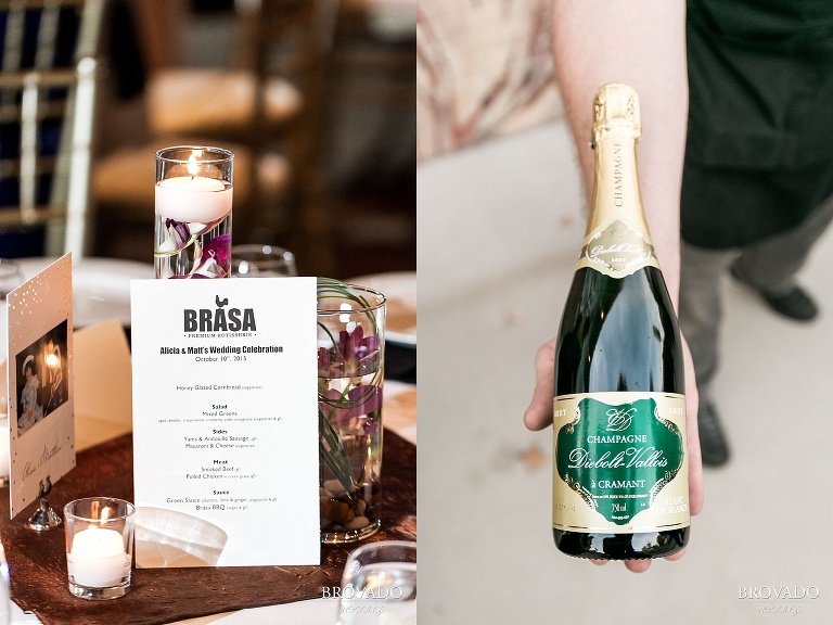 Bride shows off a bottle of champagne next to a dinner menu