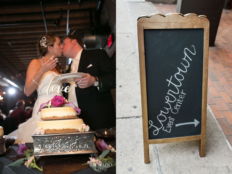 Bride and groom kiss in front of their wedding cake