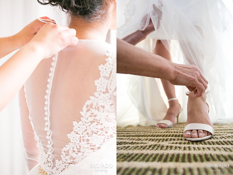 Bride getting ready and getting her shoes on