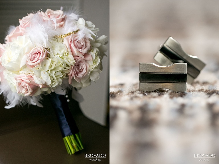 Wedding detail of bouquet and cufflinks
