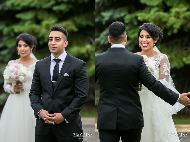 Excitement of bride and groom's first look
