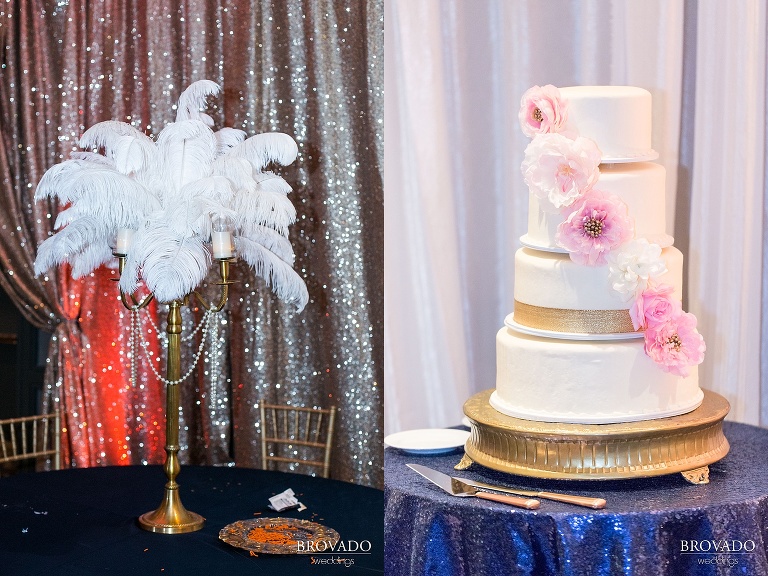 Wedding reception details or cake and centerpieces