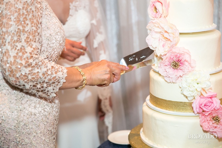 Cake cutting at wedding reception