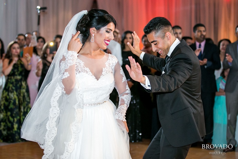 bride and groom dancing at wedding reception