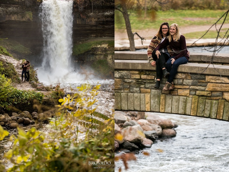 engagment shoot at MInnehaha Falls, MN, Minneapolis fall engagment photos, engaged lesbian couple, fall at Minnehaha Falls 