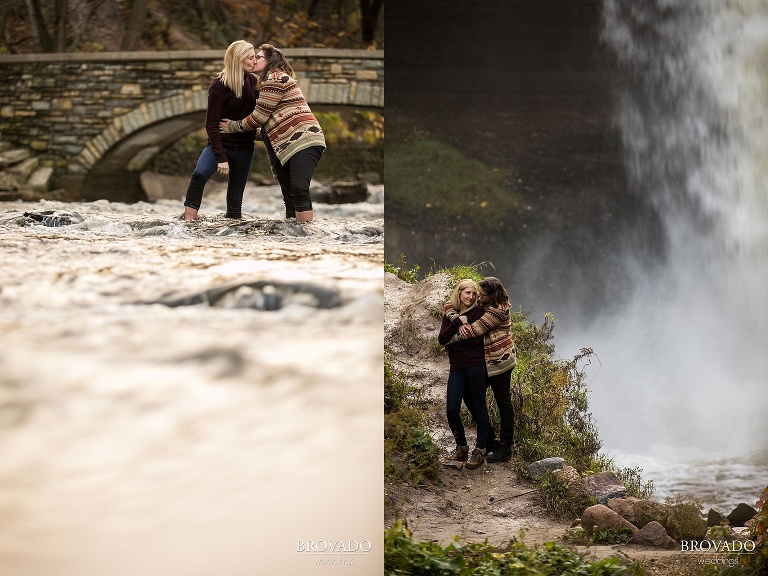 engagment shoot at MInnehaha Falls, MN, Minneapolis fall engagment photos, engaged lesbian couple, fall at Minnehaha Falls 