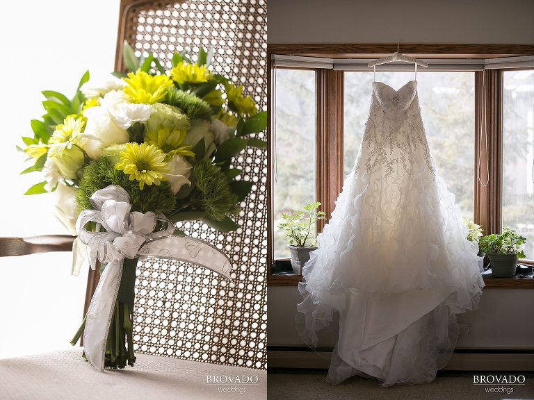 Green bouquet with wedding dress