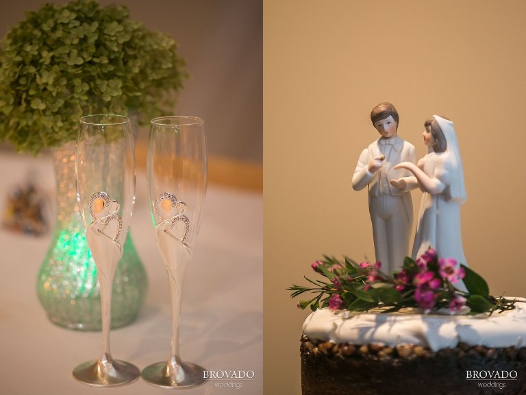 Closeup of wedding topper and champagne flutes