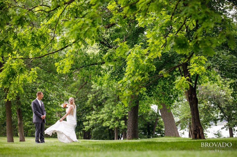 Brooke twirling her lace wedding dress